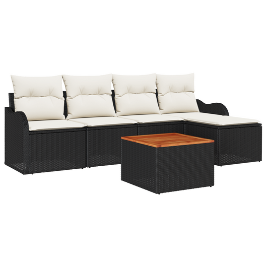 Set di divani da giardino  di 6 pezzi con cuscini in rattan nero sintetico e acacia