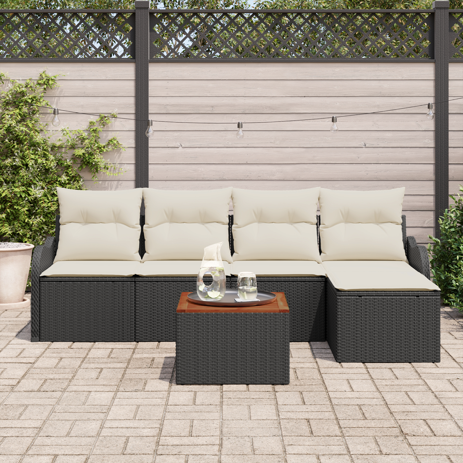 Set di divani da giardino  di 6 pezzi con cuscini in rattan nero sintetico e acacia
