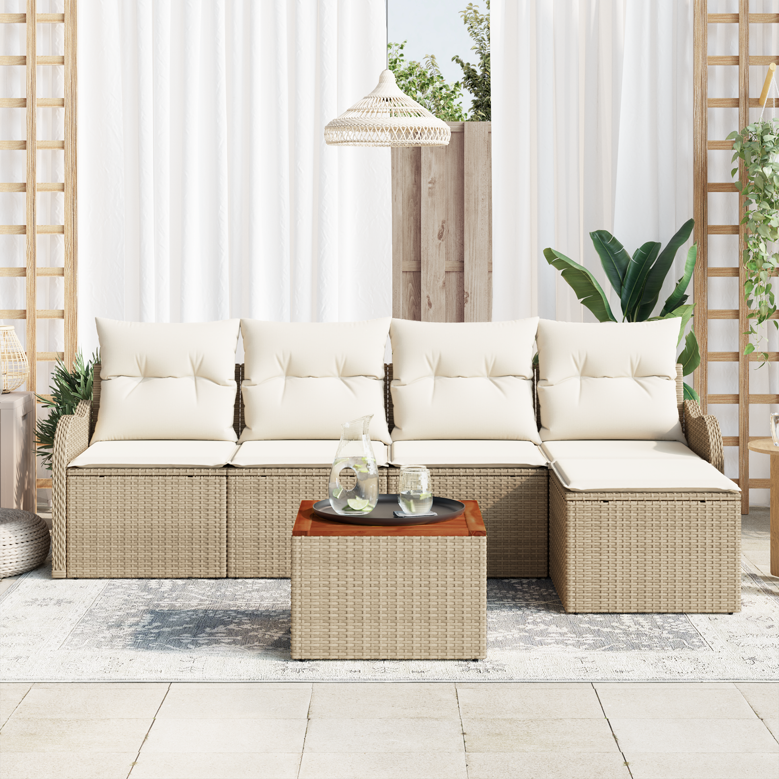 Set di divani da giardino 6 pezzi con cuscini Beige Polirattan Acacia