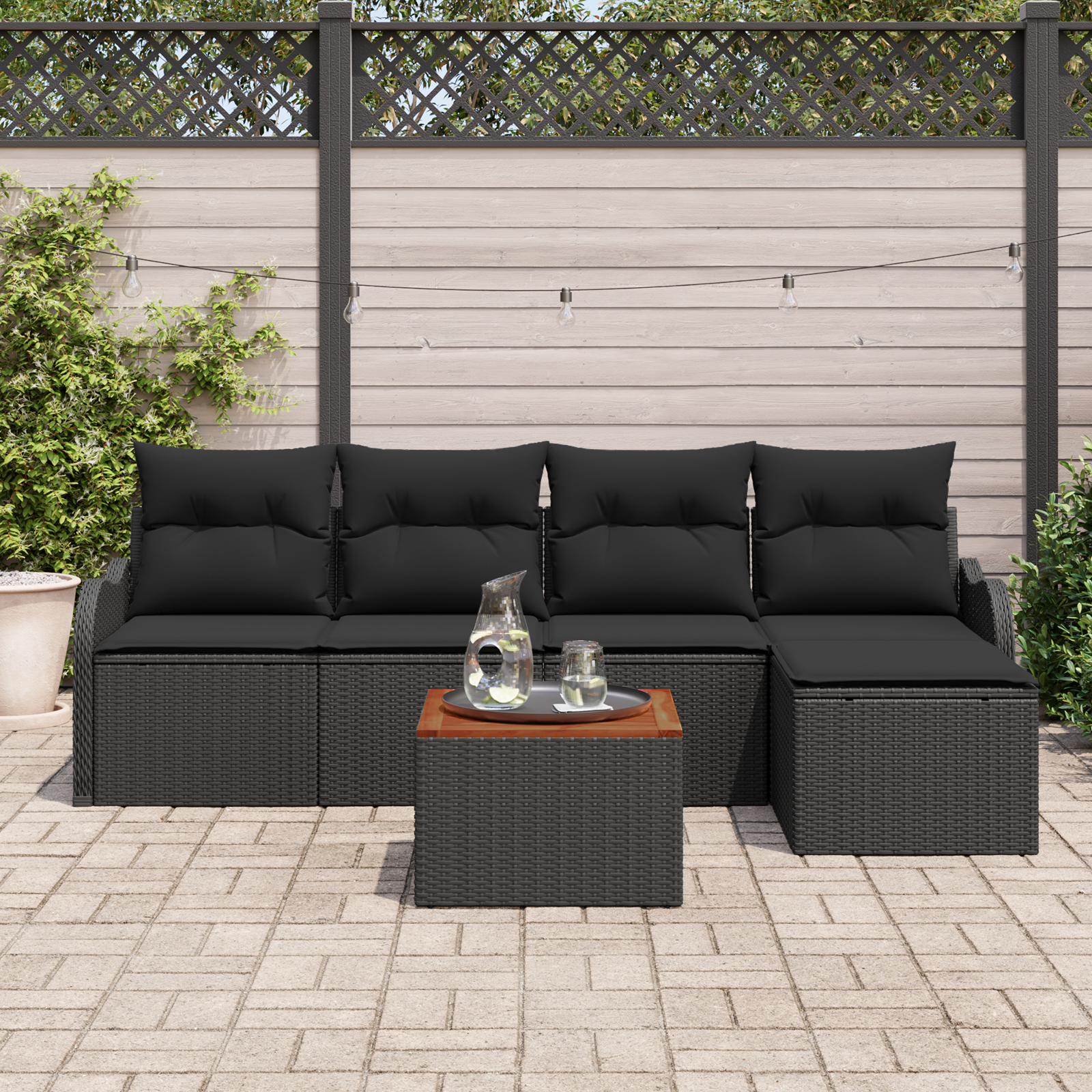 Set Divano da Giardino 6 Pezzi con Cuscini Rattan Poliestere Nero Acacia
