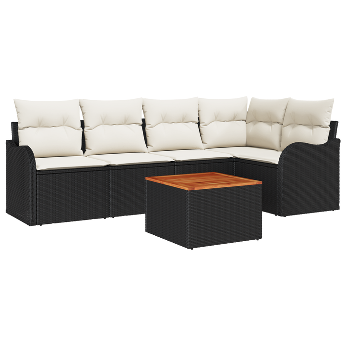 Set di divani da giardino  a 6 pezzi con cuscini in polyrattan nero e legno di acacia