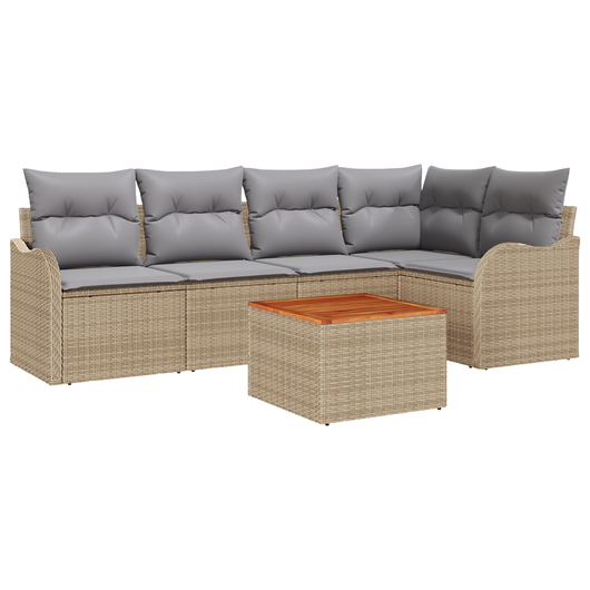 Set di Divano Giardino a 6 Pezzi con Cuscini Beige Polyrattan Acacia