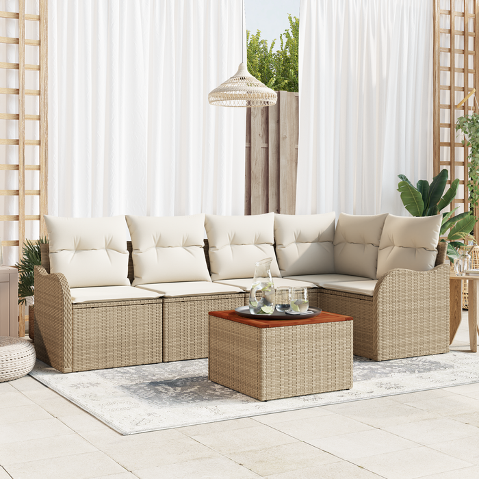 Set Divano da Giardino a 6 Pezzi con Cuscini Beige Rattan Poliestere Acacia