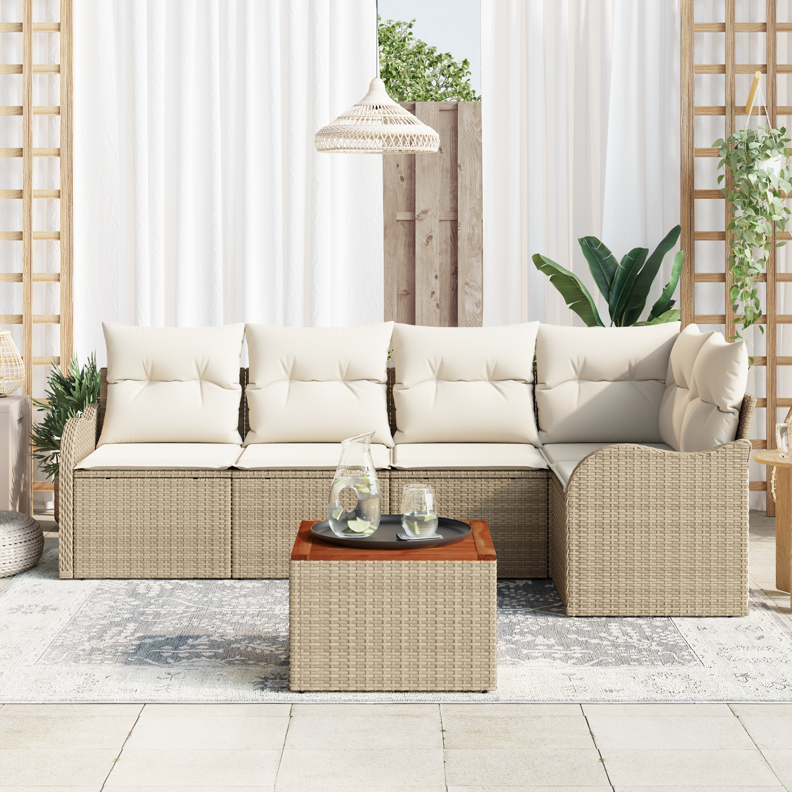 Set Divano da Giardino a 6 Pezzi con Cuscini Beige Rattan Poliestere Acacia