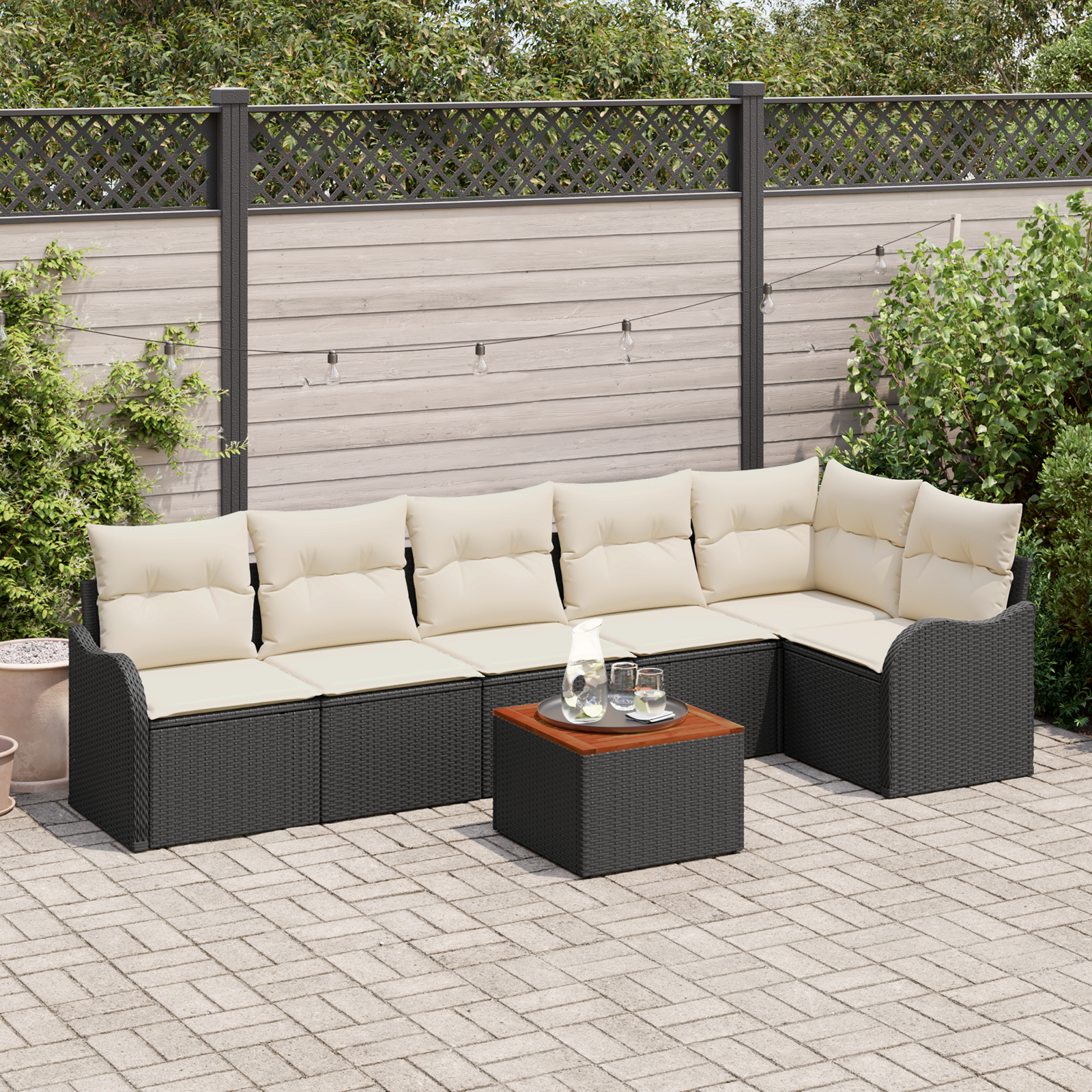 Set Divano da Giardino  7 Pezzi con Cuscini Nero Polyrattan
