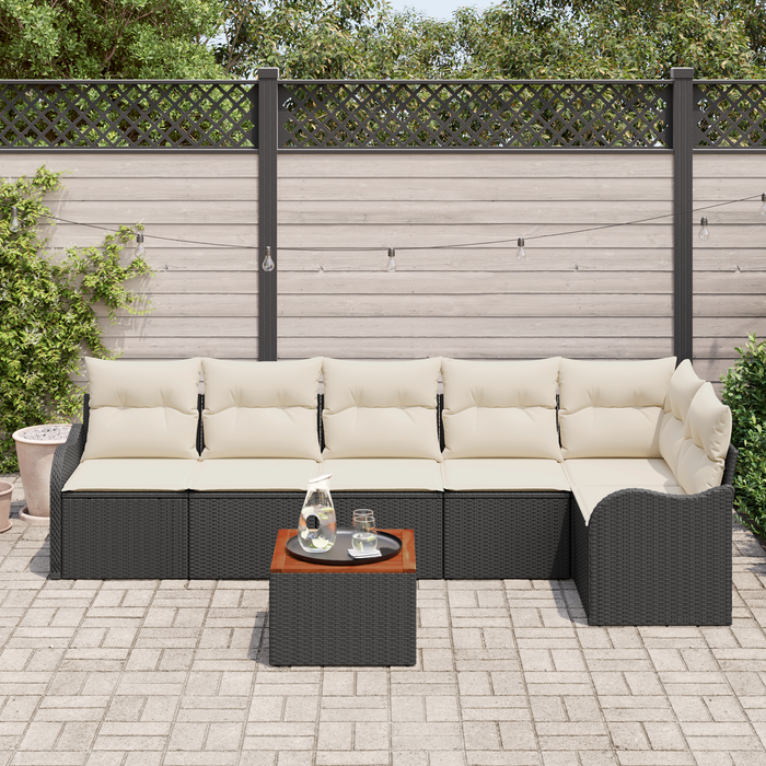 Set Divano da Giardino  7 Pezzi con Cuscini Nero Polyrattan