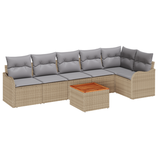 Set Divano da Giardino  7 Pezzi con Cuscini Beige Polyrattan Acacia