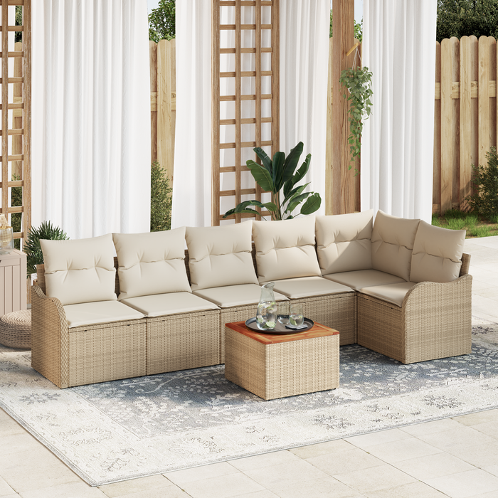 Set divani giardino  da 7 pezzi con cuscini beige in rattan poliestrificato