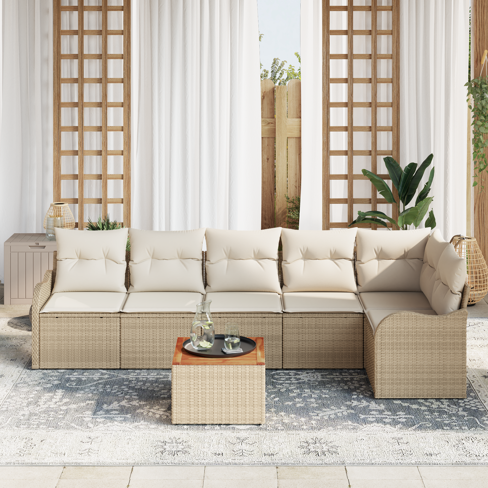 Set divani giardino  da 7 pezzi con cuscini beige in rattan poliestrificato