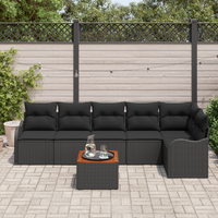 Set divano da giardino da 7 pezzi con cuscini neri in polyrattan e acacia