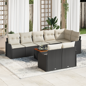 Set divano da giardino 9 pezzi con cuscini in polyrattan nero e acacia
