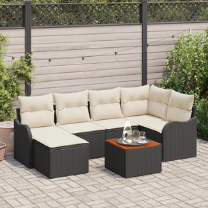 Set Divano da Giardino  da 7 Pezzi con Cuscini Nero Polyrattan Acacia