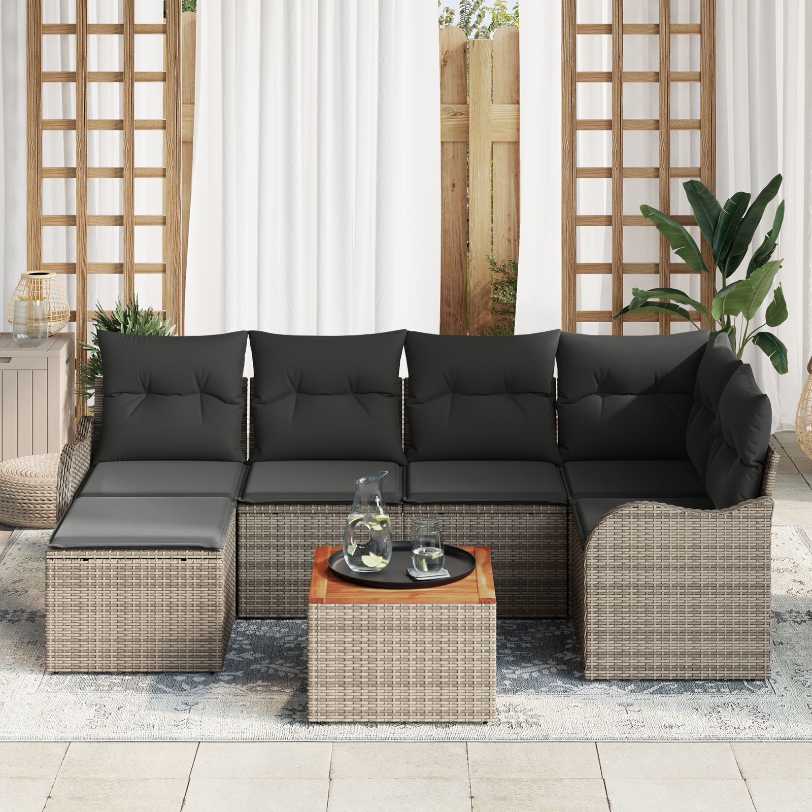 Set Divano da Giardino  7 Pezzi con Cuscini Rattan Sintetico Grigio Acacia