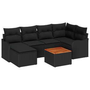 Set di divani da giardino  da 7 pezzi con cuscini in polyrattan nero e acacia
