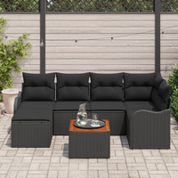 Set di divani da giardino  da 7 pezzi con cuscini in polyrattan nero e acacia