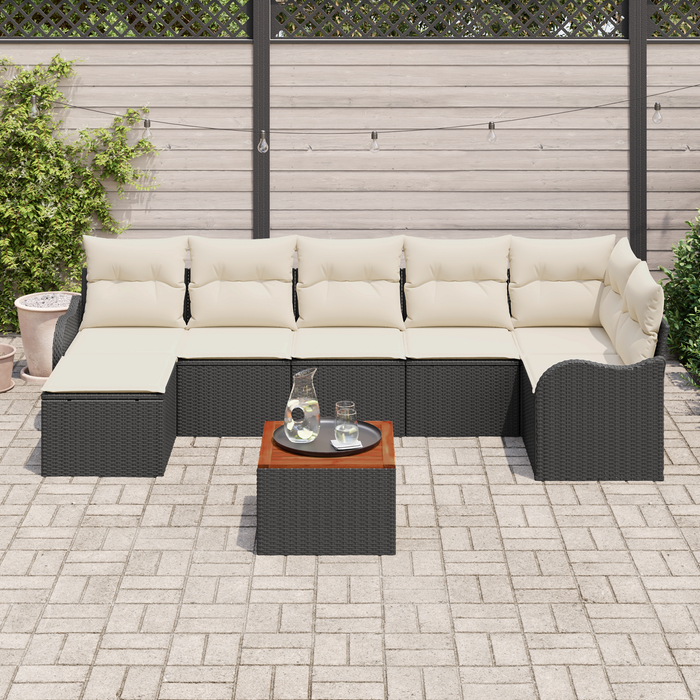 Set Divano da Giardino 8 Pezzi con Cuscini Nero Polyrattan Acacia