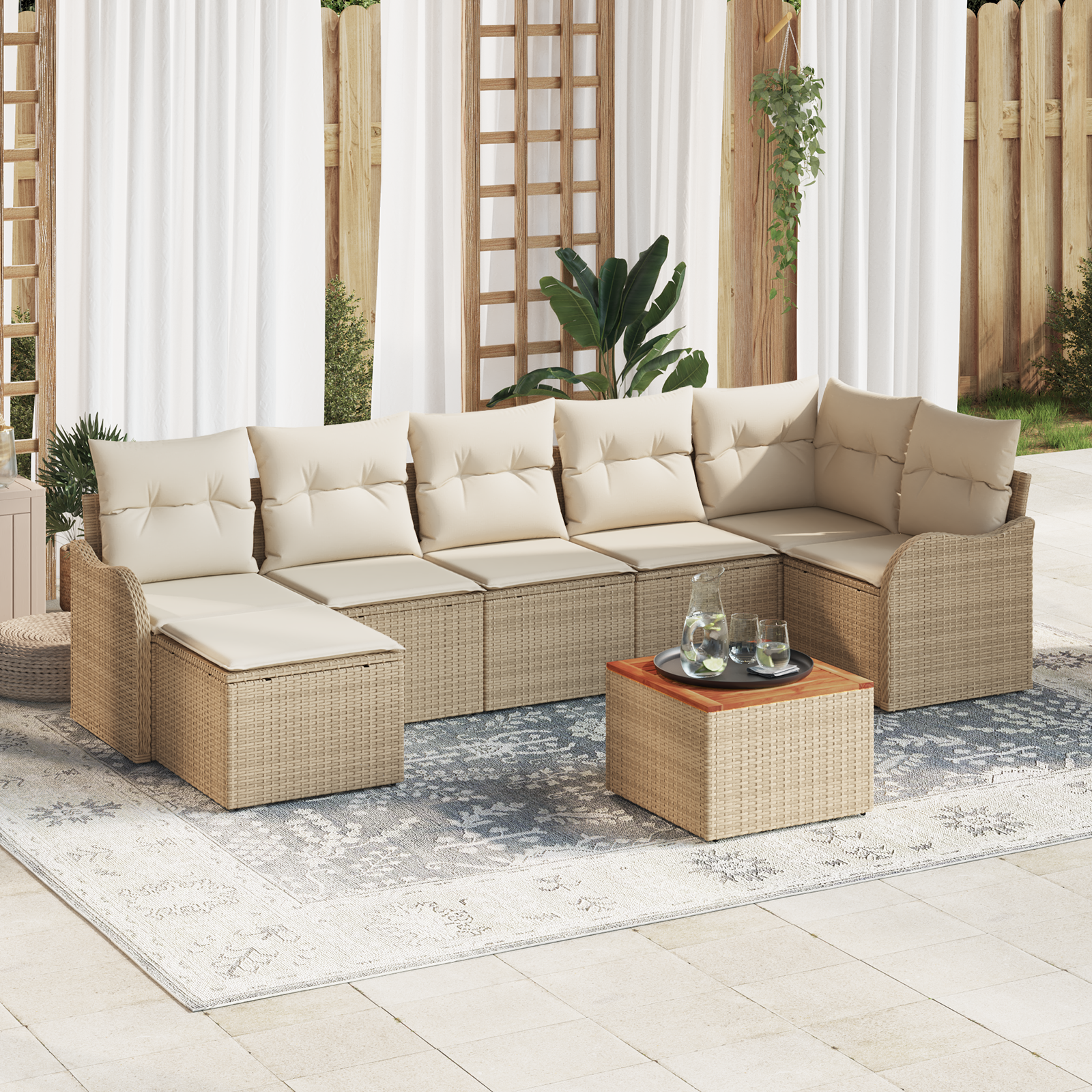 Set di Sofà da Giardino  a 8 Pezzi con Cuscini Beige Rattan Polimerico Acacia