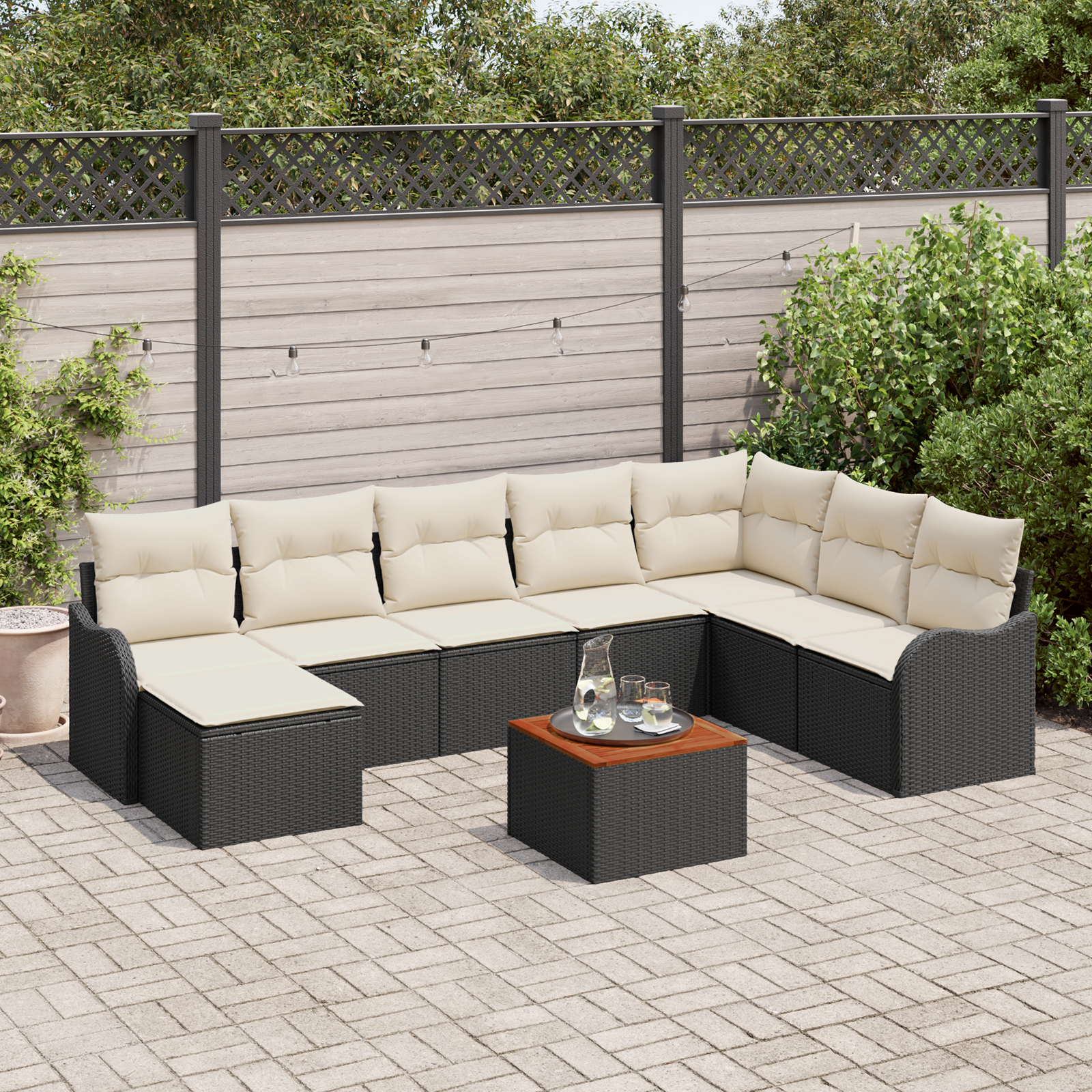 Set di Divani da Giardino 9 Pezzi con Cuscini Nero Rattan Fittizio Acacia