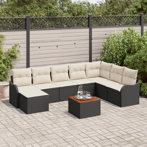 Set di Divani da Giardino 9 Pezzi con Cuscini Nero Rattan Fittizio Acacia