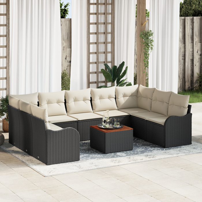 Set Divano da Giardino con Cuscini  10 Pezzi Nero Polyrattan Acacia
