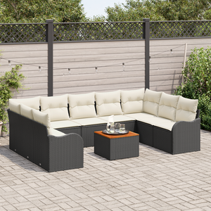 Set Divano da Giardino con Cuscini  10 Pezzi Nero Polyrattan Acacia