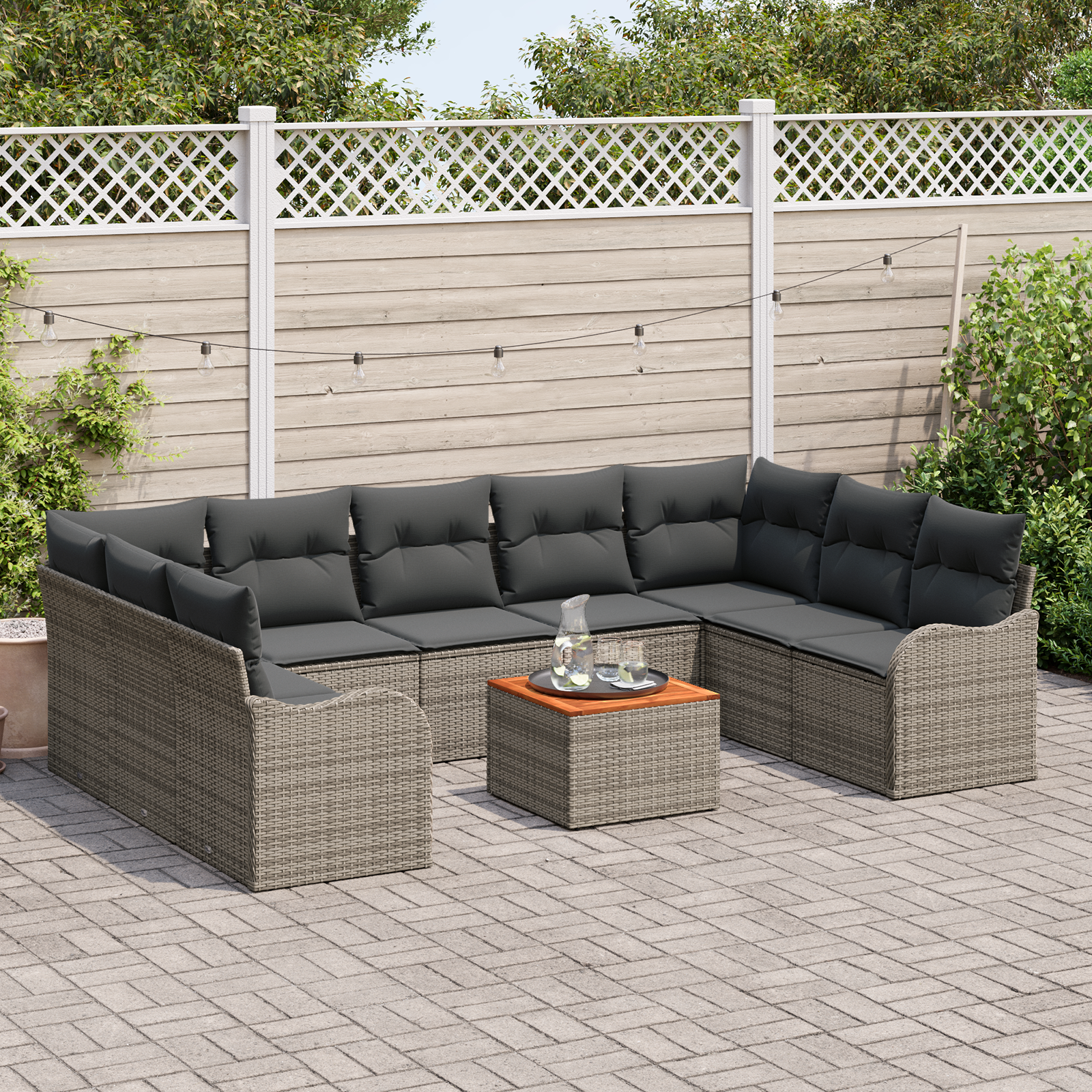 Set Divano da Giardino da 10 Pezzi con Cuscini Grigio Rattan Sintetico Acacia