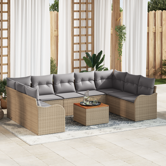 Set Divano da Giardino  10 Pezzi con Cuscini Beige Polyrattan Acacia