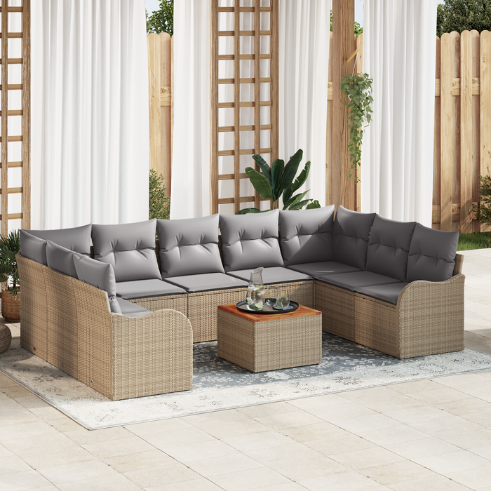 Set Divano da Giardino  10 Pezzi con Cuscini Beige Polyrattan Acacia