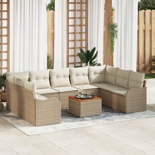 Set Divano da Giardino  10 Pezzi con Cuscini Beige Polyrattan Acacia