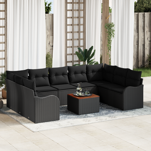 Set Divano da Giardino 10 Pezzi con Cuscini Nero Polyrattan Acacia