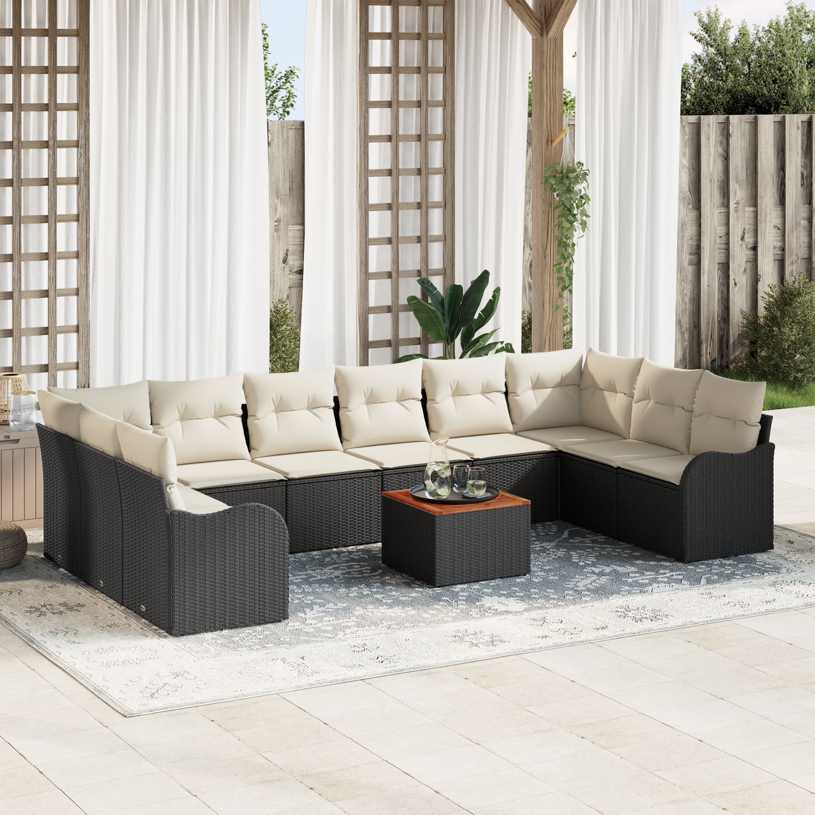 Set Divano da Giardino  da 11 Pezzi con Cuscini Nero Rattan Poliestere Acacia