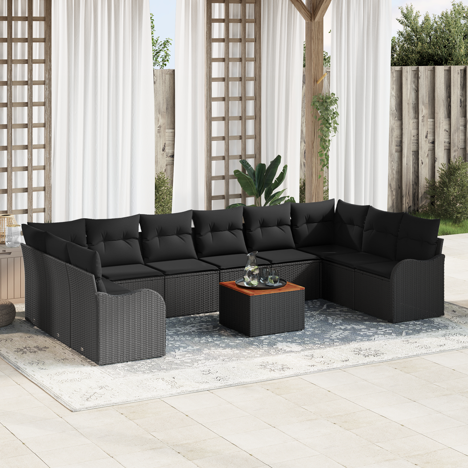 Set Divano da Giardino  da 11 Pezzi con Cuscini in Polyrattan Nero
