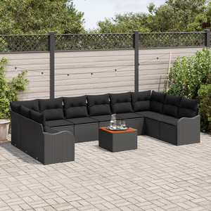 Set Divano da Giardino  da 11 Pezzi con Cuscini in Polyrattan Nero