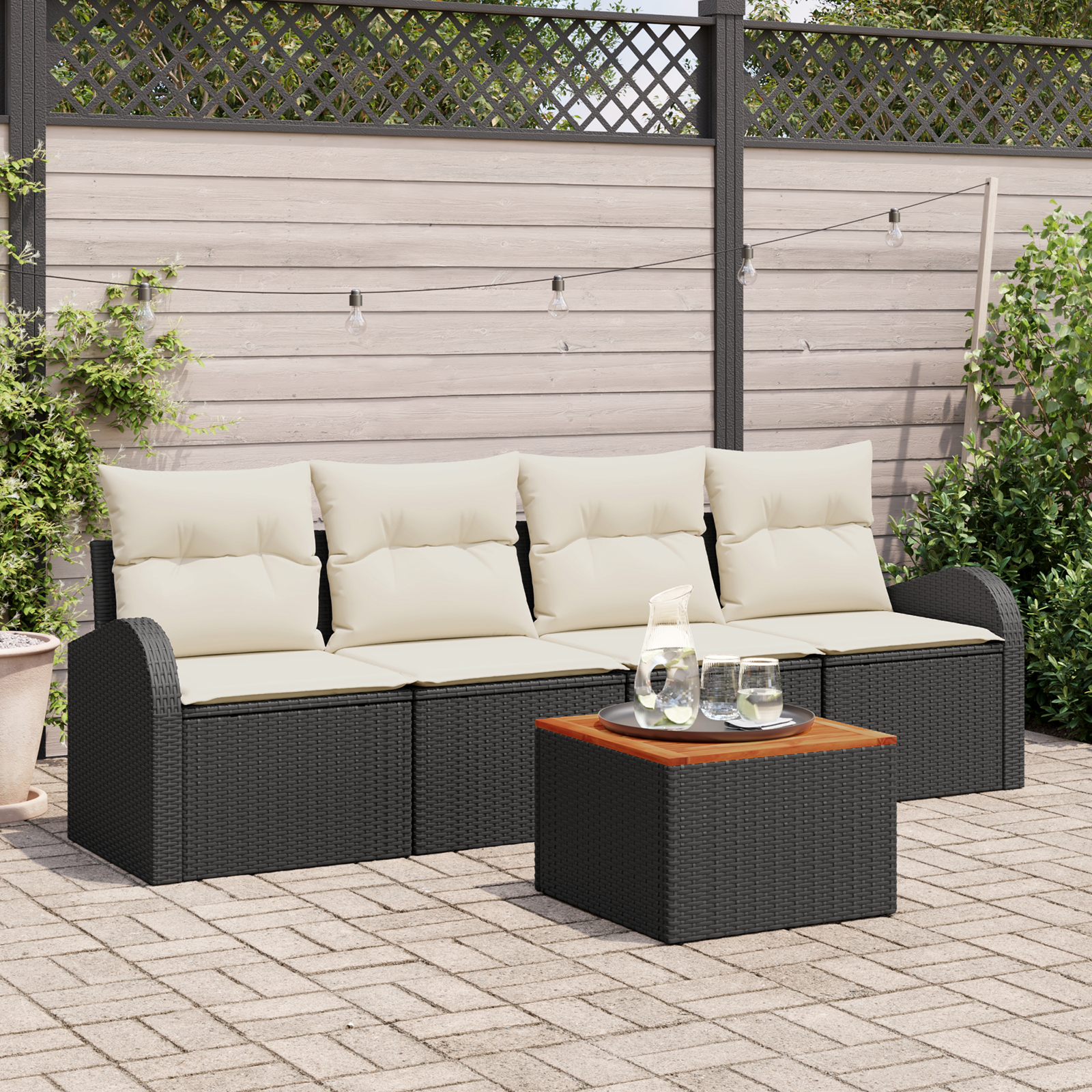 Set divani da giardino  5 pezzi con cuscini in polyrattan nero