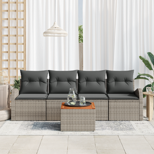 Set di Sofà da Giardino 5 Pezzi con Cuscini Grigio Polirattan Acacia