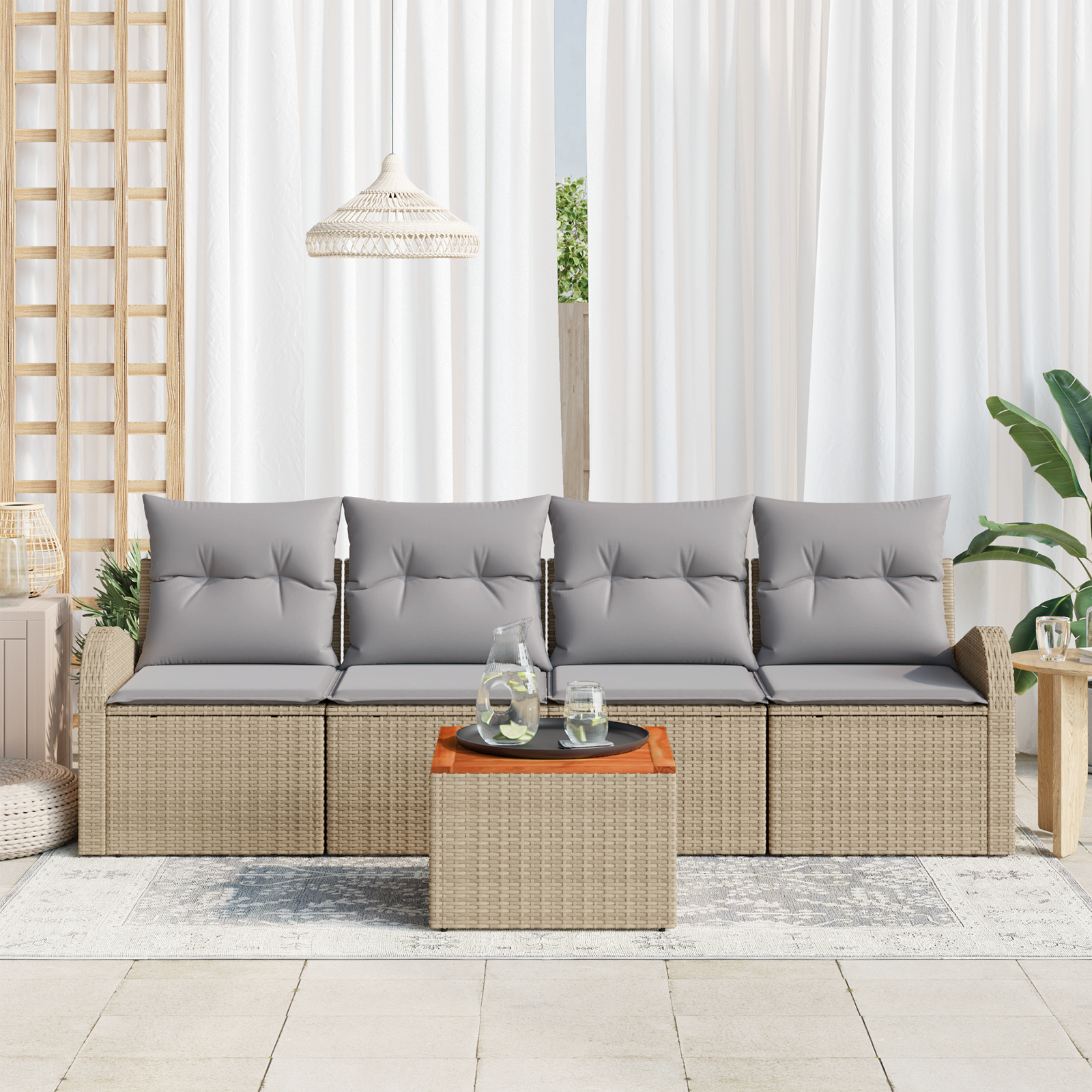 Set di 5 Pezzi Divano da Giardino con Cuscini Beige Rattan Acacia