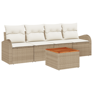 Set di Sofà da Giardino  5 Pezzi con Cuscini Beige Rattan di Poliestere Acacia