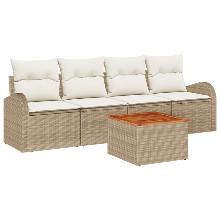 Set di Sofà da Giardino  5 Pezzi con Cuscini Beige Rattan di Poliestere Acacia