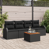 Set Divano da Giardino  5 Pezzi con Cuscini Nero Polirattan Acacia