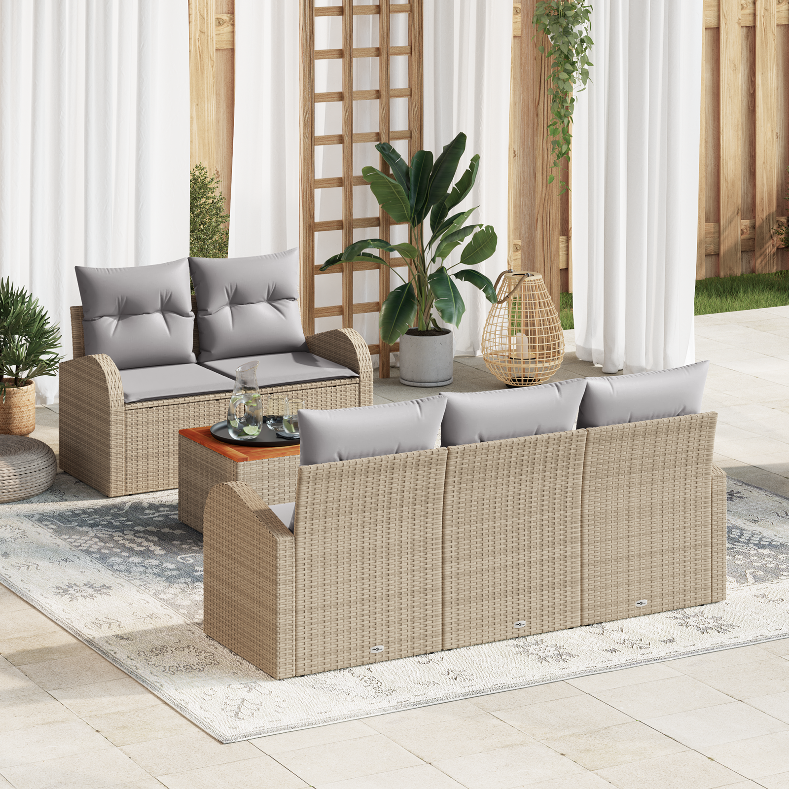 Set Divano da Giardino 6 Pezzi con Cuscini Beige Poly Rattan Acacia