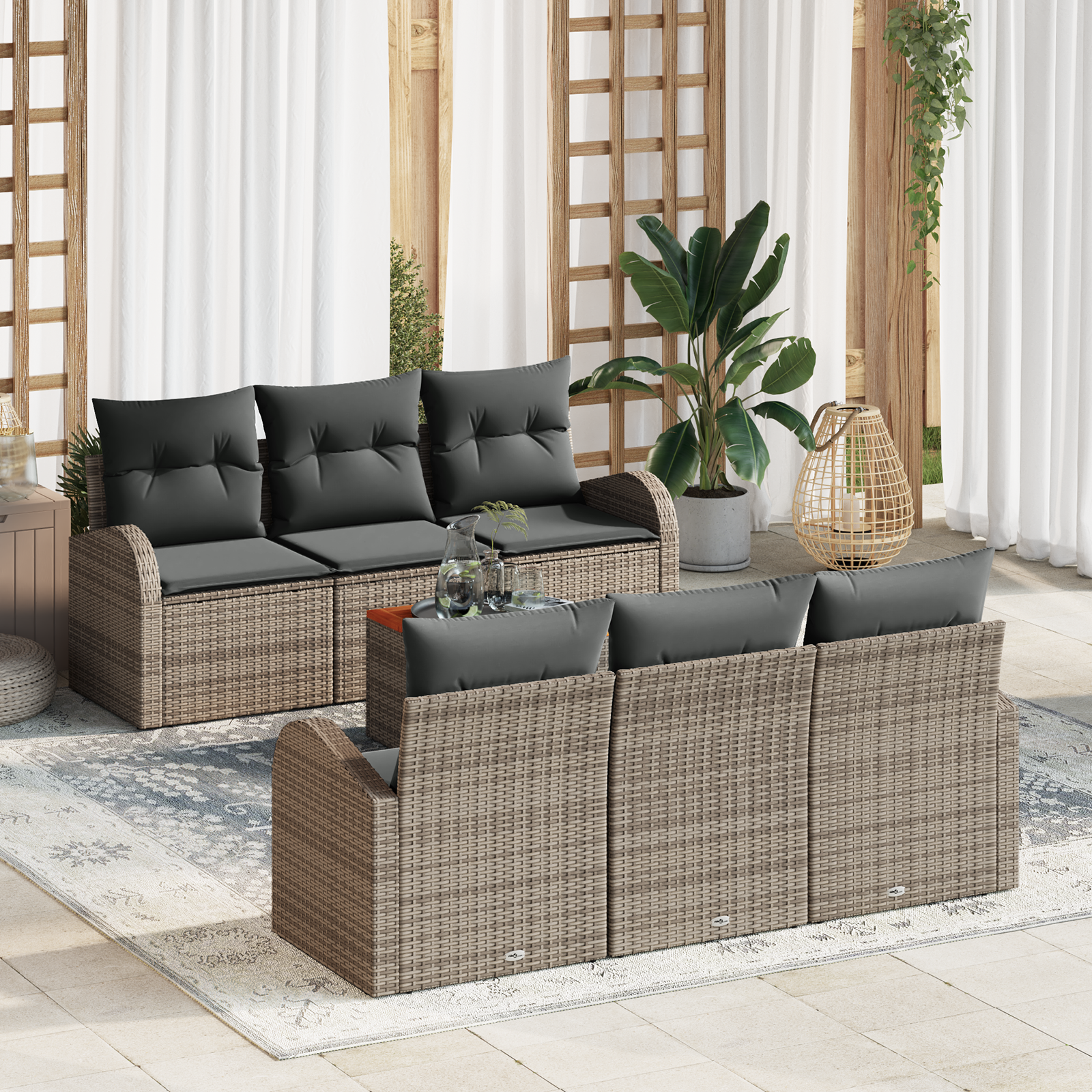 Set Divano da Giardino 7 Pezzi con Cuscini Grigio Polyrattan Acacia
