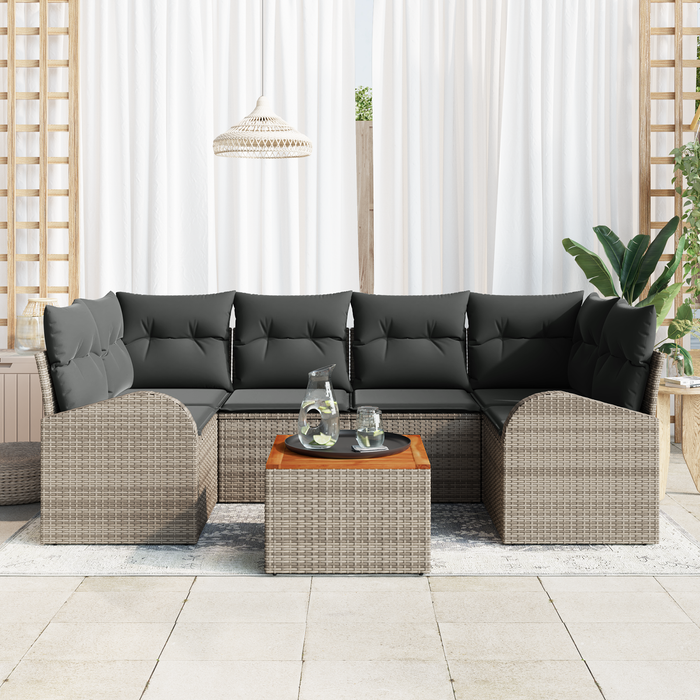 Set di divani da giardino  con cuscini grigio in polirattan e acacia