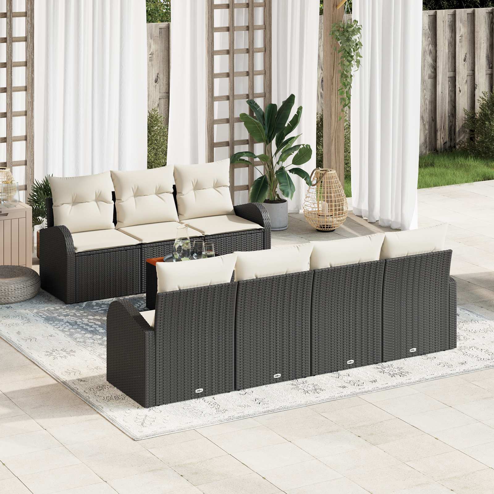 Set di Sofà da Giardino 8 Pezzi con Cuscini Nero Polyrattan Acacia