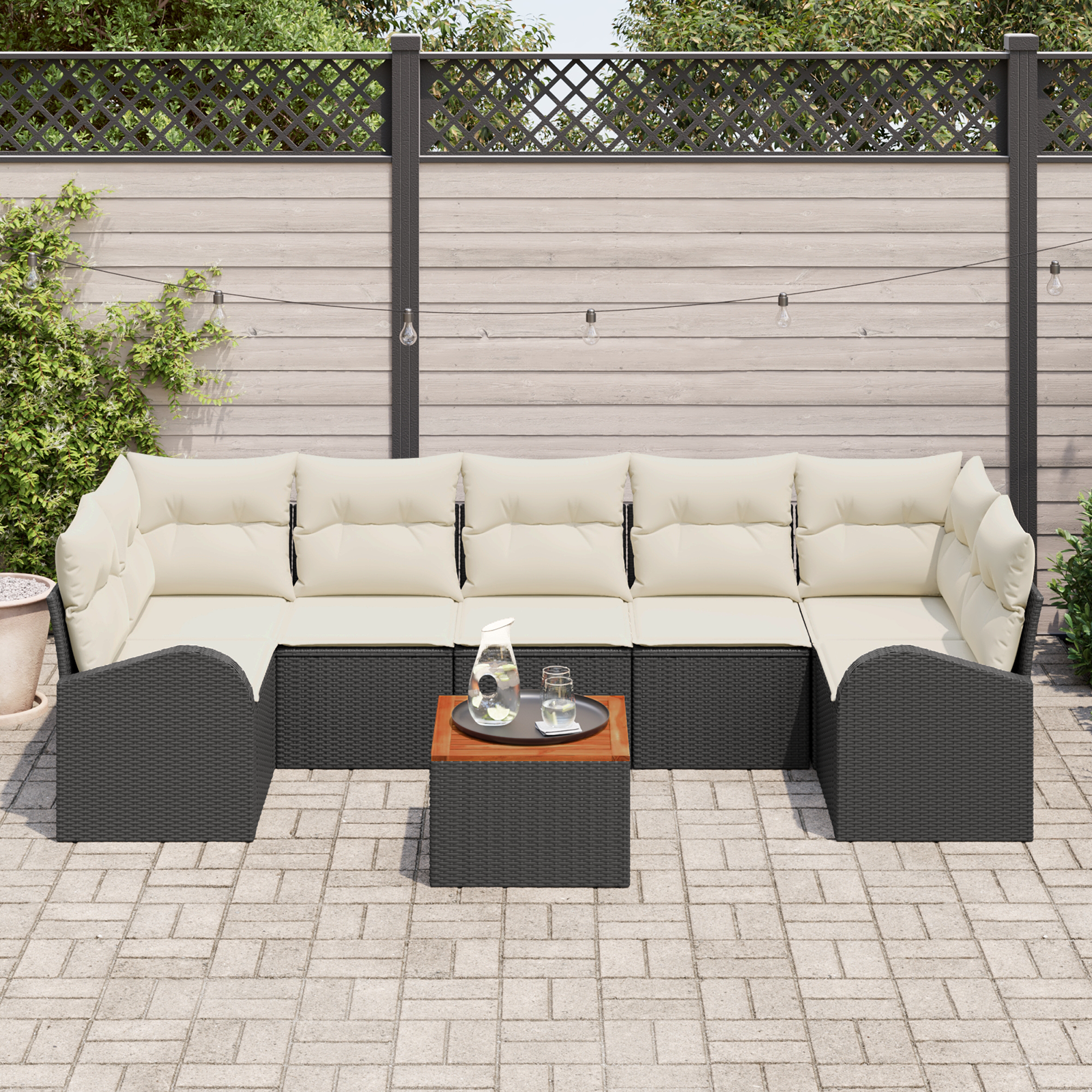 Set Divano Giardino  8 Pezzi con Cuscini Nero Polirattan Acacia