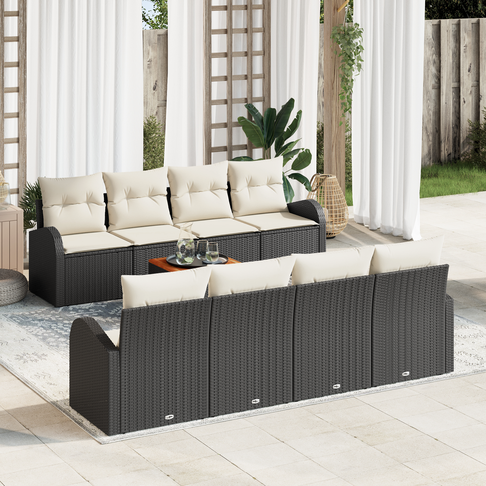 Set Divano da Giardino  9 Pezzi con Cuscini Nero Polirattan Acacia