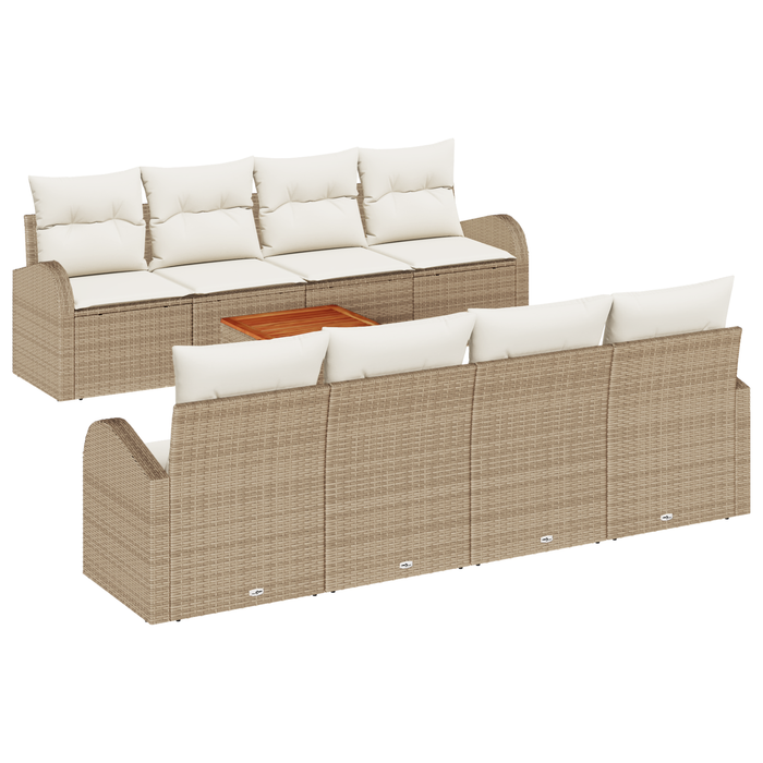 Set Divano da Giardino  9 Pezzi con Cuscini Beige Rattan Polietilene Acacia
