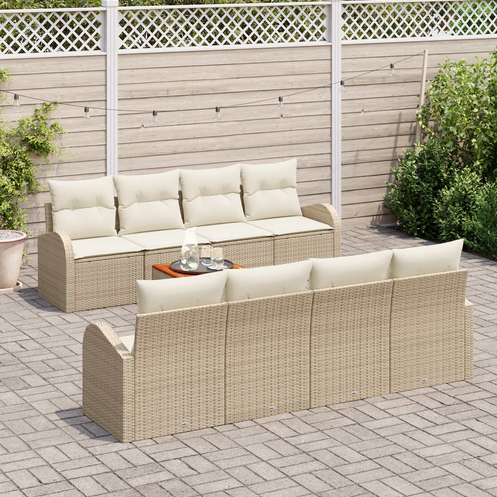 Set Divano da Giardino  9 Pezzi con Cuscini Beige Rattan Polietilene Acacia