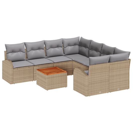 Set di divani da giardino 9 pezzi con cuscini Beige Polyrattan Acacia