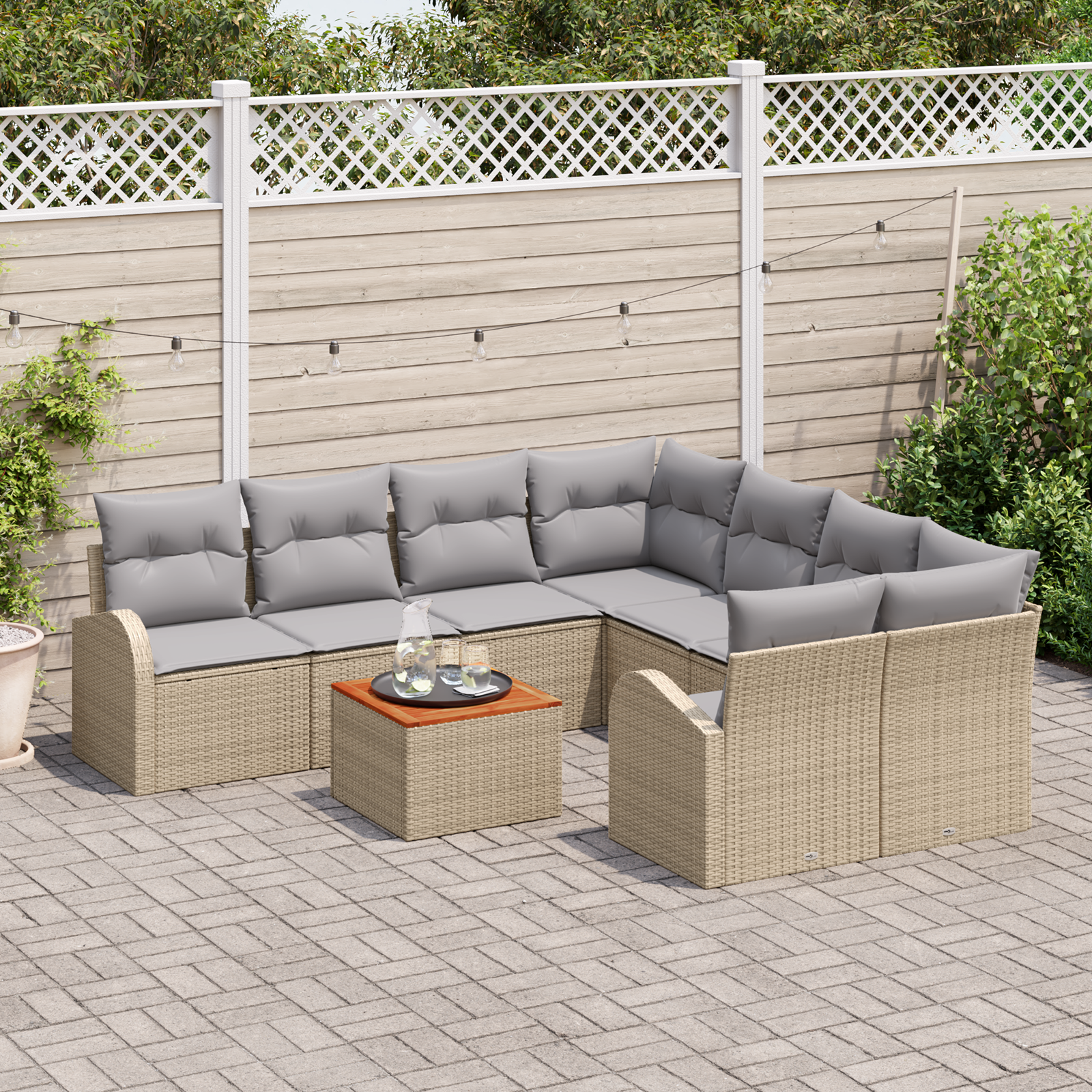 Set di divani da giardino 9 pezzi con cuscini Beige Polyrattan Acacia