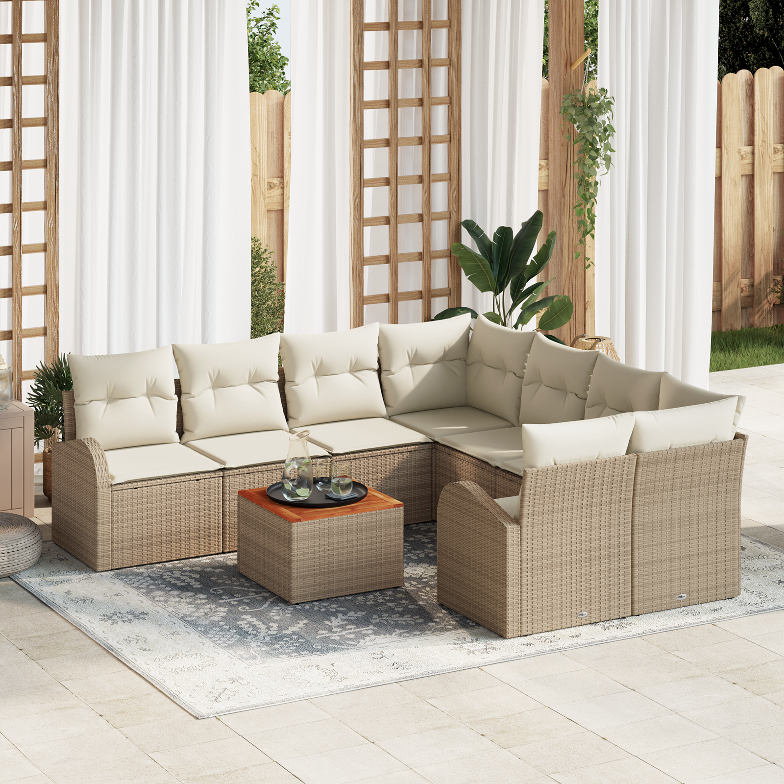 Set di divani da giardino  a 9 pezzi con cuscini beige in polyrattan e acacia